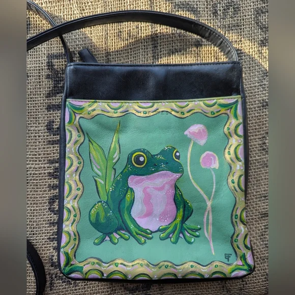 Frog Mushroom Black Leather Crossbody Bag - Picture 2 of 3